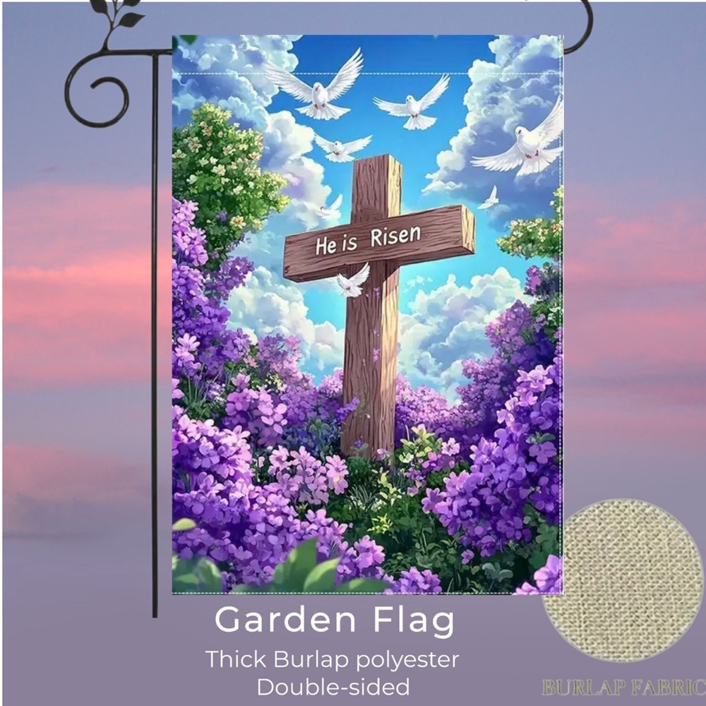 Garden flag, 12” x 18”, Easter purple lilies he is risen cross, burlap polyester